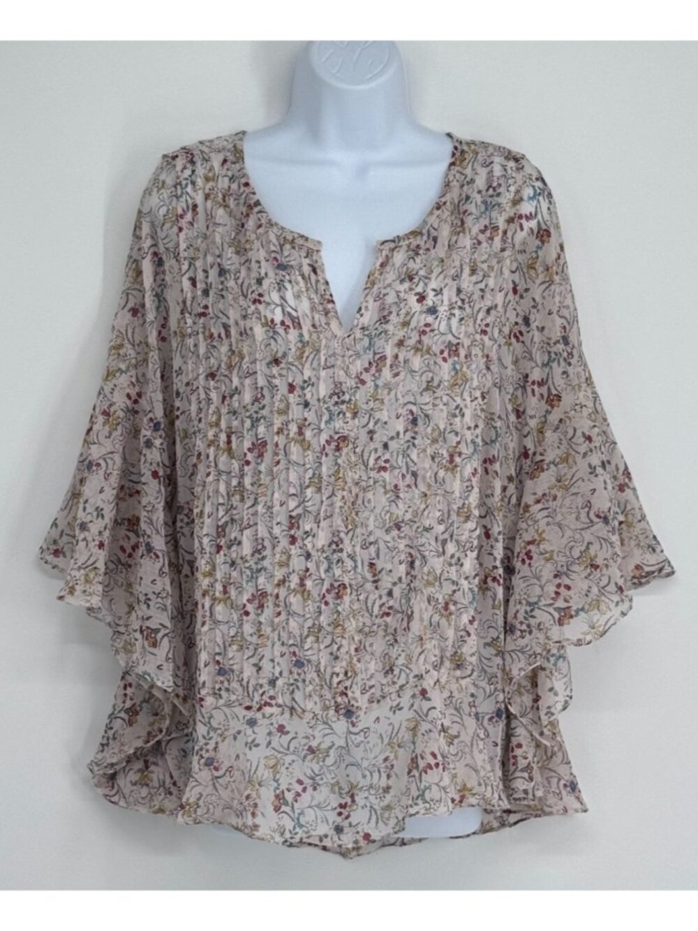 Sundance L Floral Pleated Blouse Women Sheer 3/4 Bell Sleeve Top Fairy